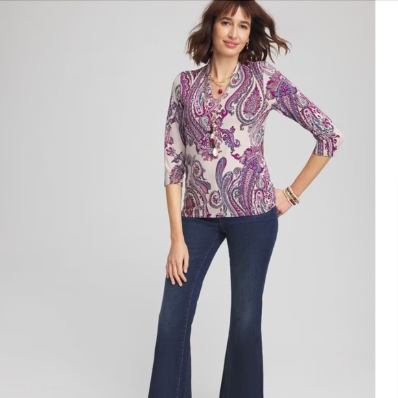 Chico's Womens Touch of Cool ¾ Sleeve Paisley T Shirt Sz 3 = US XL Boho Office - Picture 4 of 14